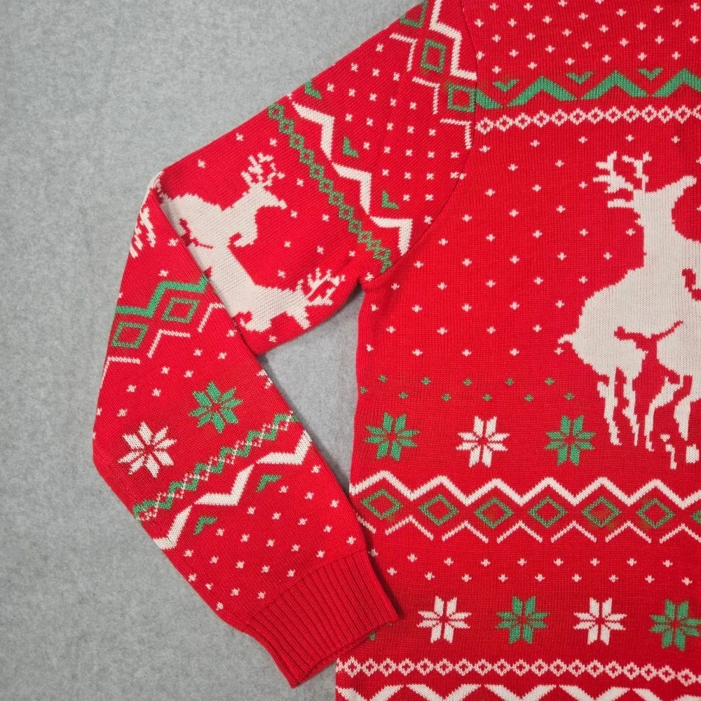 Tipsy Elves Mens Red Reindeer Fair Isle Quarter Zip Christmas Sweater Large NWT